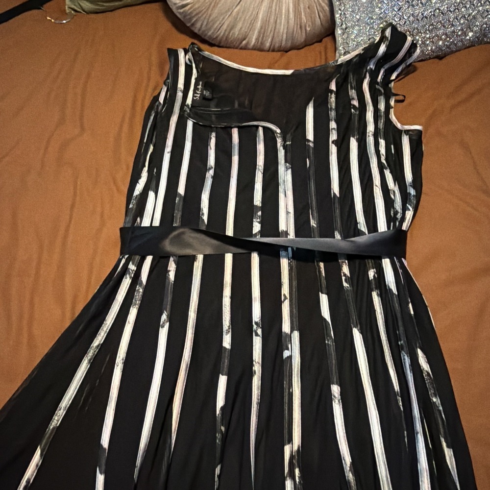 S.L. Fashions Plus Size 18W Sleeveless Belted Fit And Flare Mesh Stripe - Picture 5 of 5